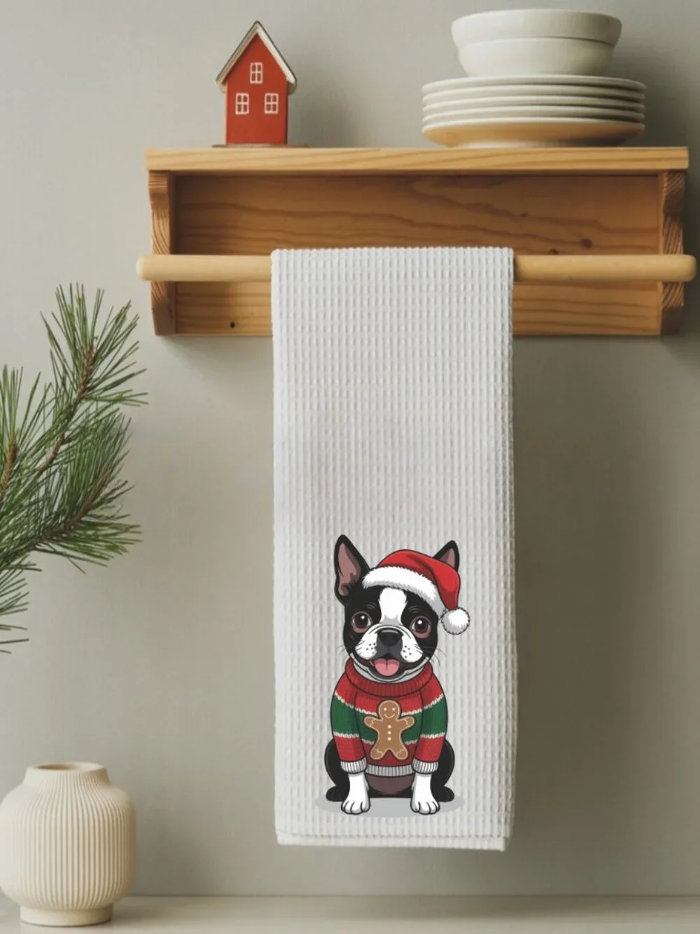 Boston Terrier Christmas Sweater Decorative Kitchen Tea Towel